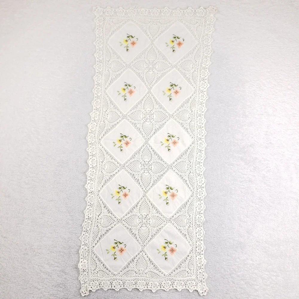 Vintage Ivory Crochet Lace Table Runner Floral Hand Embroidered Scalloped 15x34